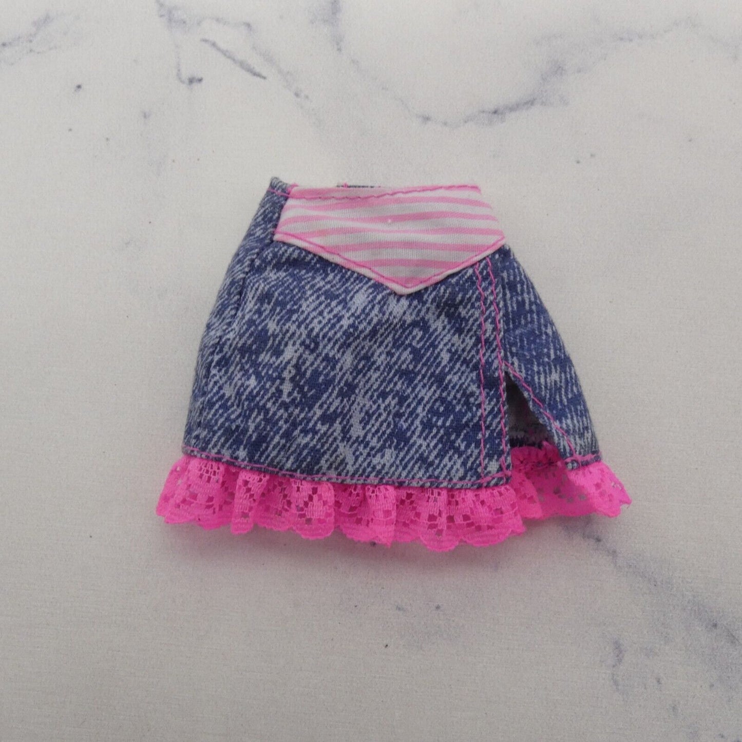 Barbie Doll Size Skirt 80s 90s Super Star Era Blue Jean Denim Like Pink Lace