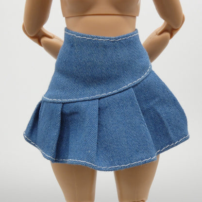 Barbie Doll Size Skirt Blue Denim Jean Pleated Mid Thigh Length A Line