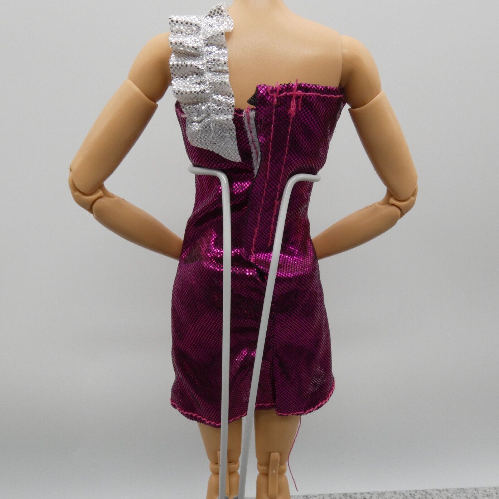 Barbie Doll Size Dress Pink Metallic Magenta One Shoulder Silver Strap Clone