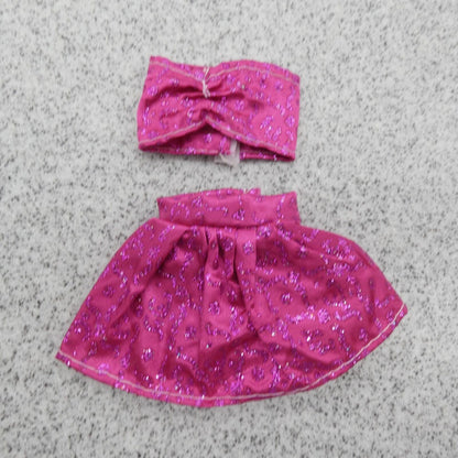 Barbie Doll Size Two Piece Bikini Swimsuit Pink Tube Top Skirt Glitter Clone