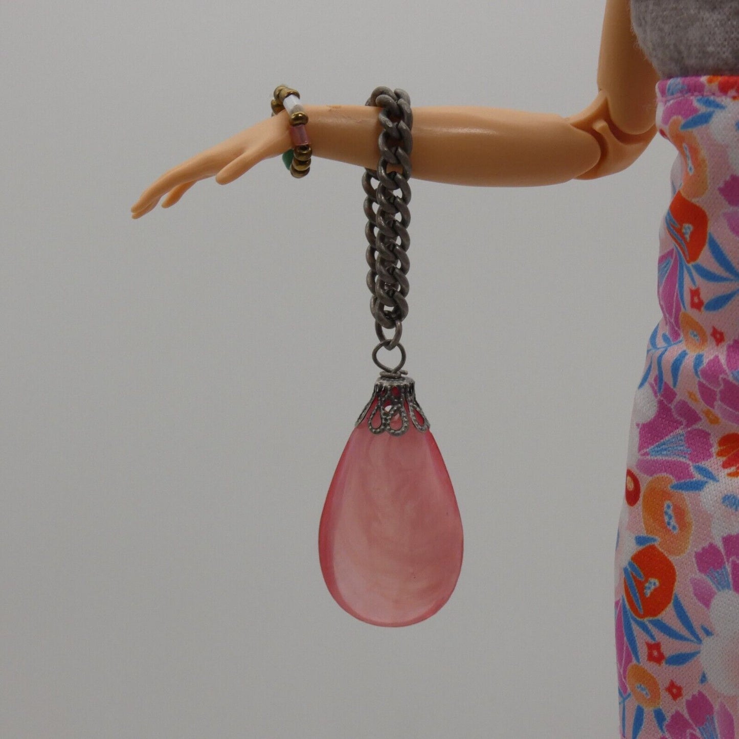 Barbie Doll Size Pink Teardrop Gem Purse Silver Chain Handle Handbag Handmade