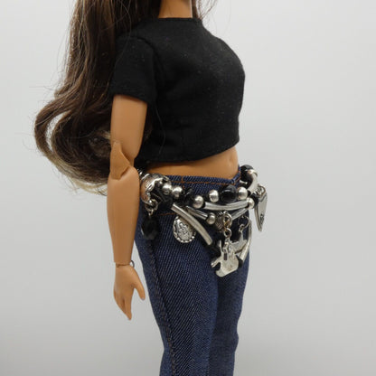 Barbie Curvy Doll Size Silver Black Charm 4 Strand Belt Adjustable Handmade OOAK