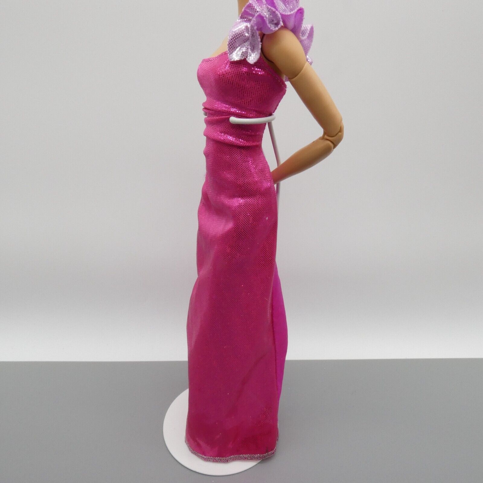 Barbie Doll Dress Pink Metallic Magenta Maxi Gown One Shoulder Ruffle Strap