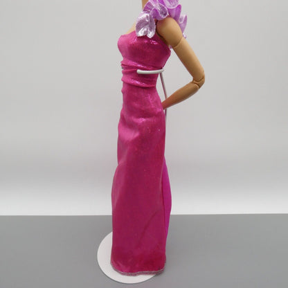 Barbie Doll Dress Pink Metallic Magenta Maxi Gown One Shoulder Ruffle Strap