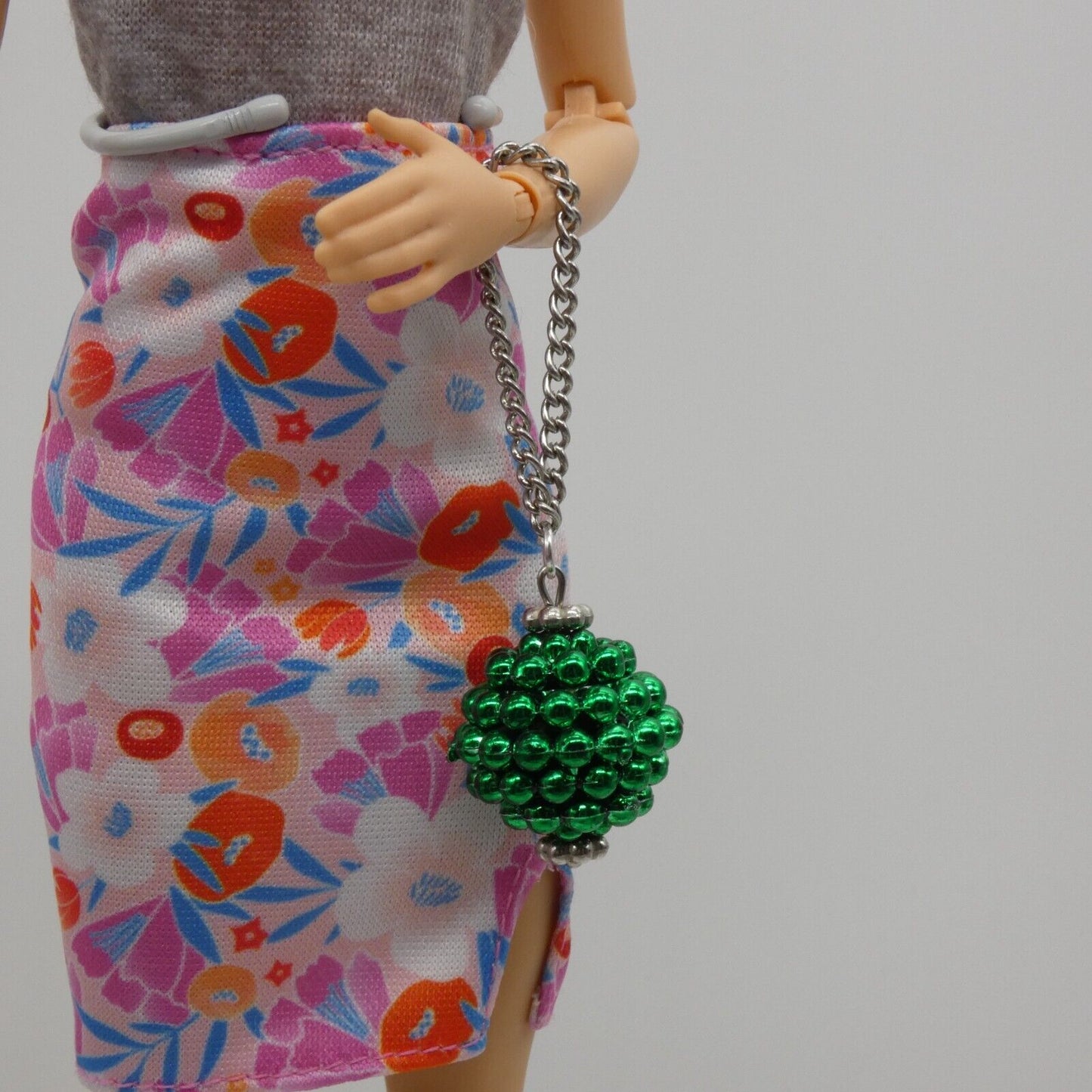 Barbie Doll Purse Handmade Green Ball Silver Chain Strap Handbag Ornament