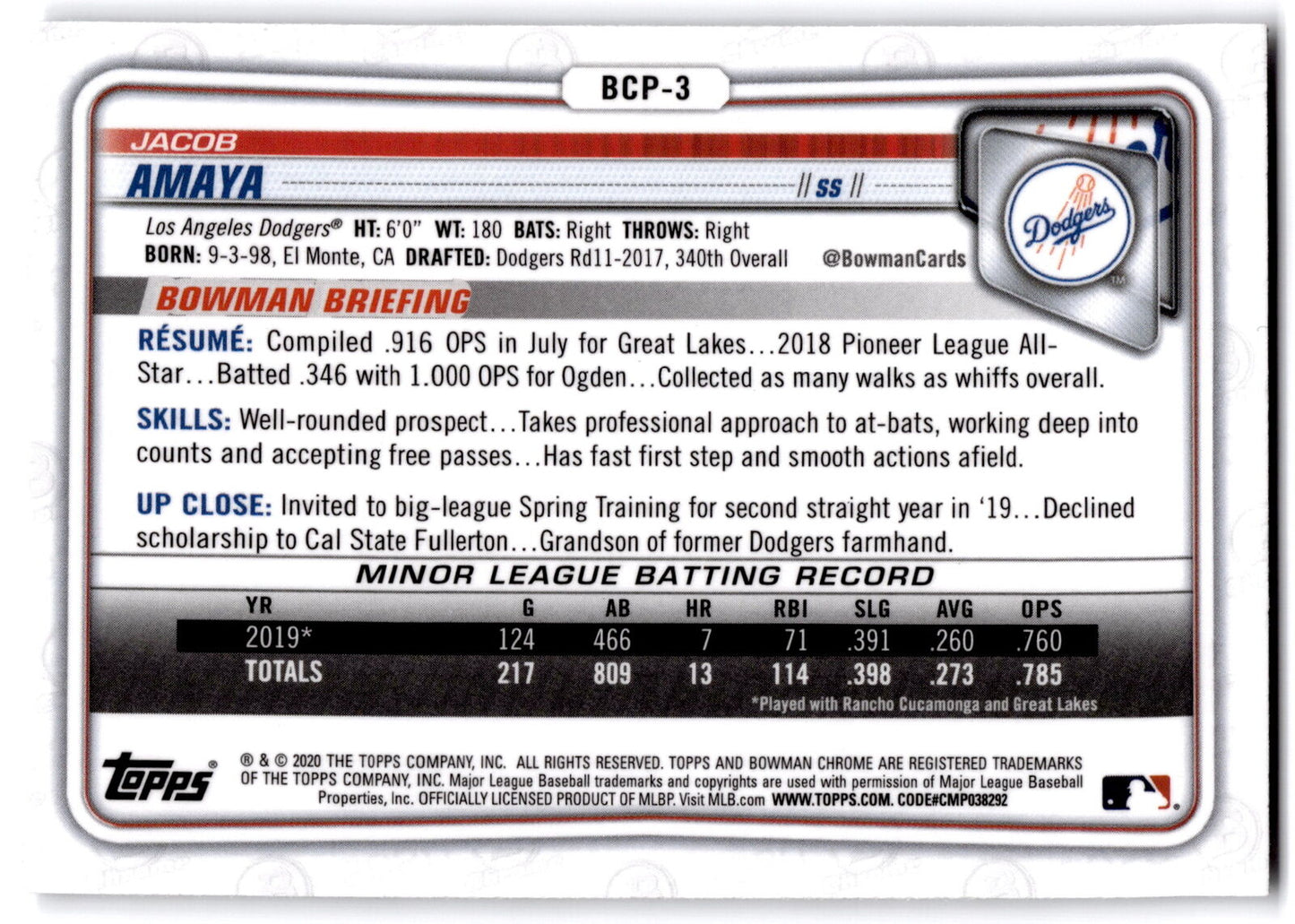 2020 Bowman #BCP-3 Jacob Amaya 1st Bowman Chrome Prospects NRMT