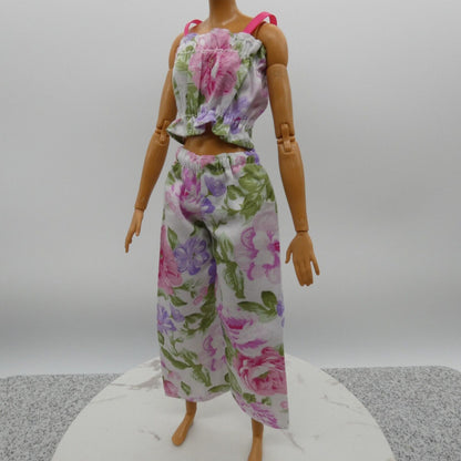 Barbie Doll Size Outfit Pink Floral Tank Top Wide Leg Pants Fit MTM Model Muse