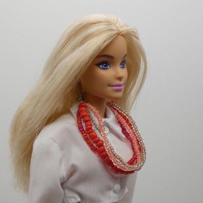 Barbie Doll Size Layered Necklace Red Pink Silver Multi-strand Handmade OOAK