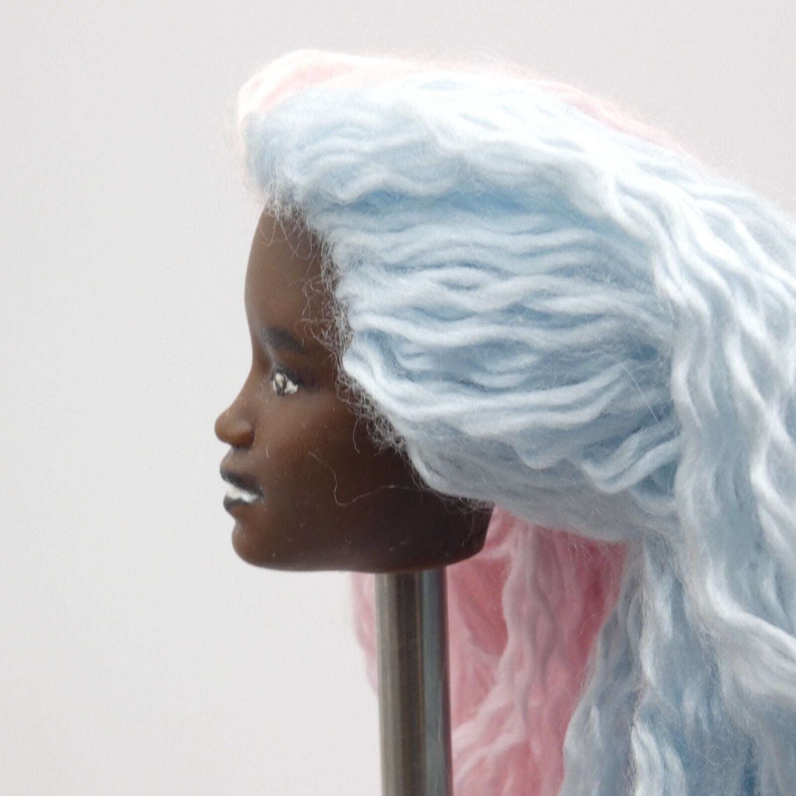 Barbie Custom Doll Head AA Kim Face Rerooted Pink Blue Yarn Hair Dark Skin OOAK