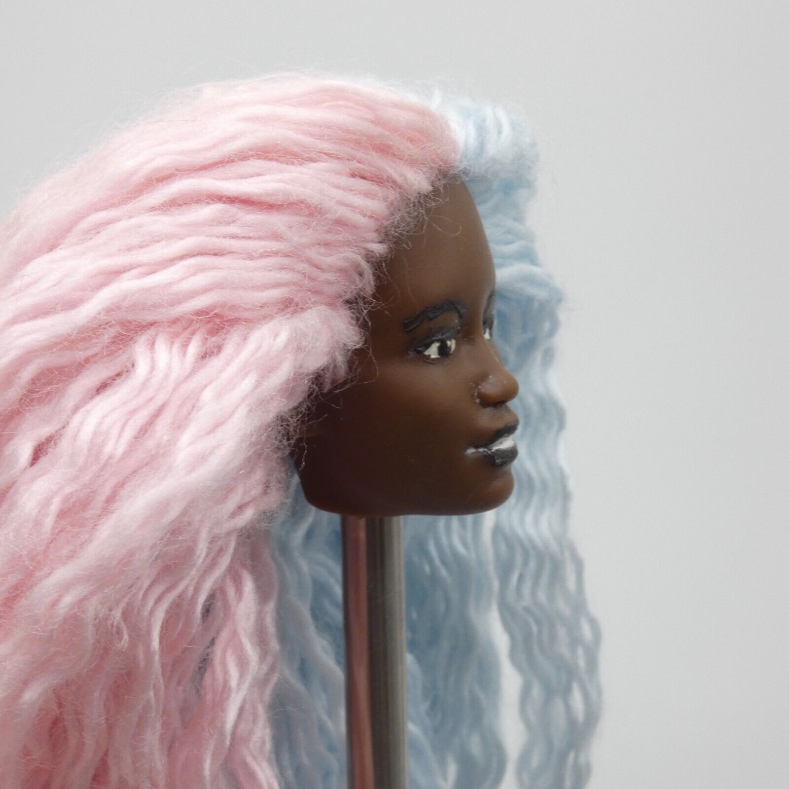 Barbie Custom Doll Head AA Kim Face Rerooted Pink Blue Yarn Hair Dark Skin OOAK