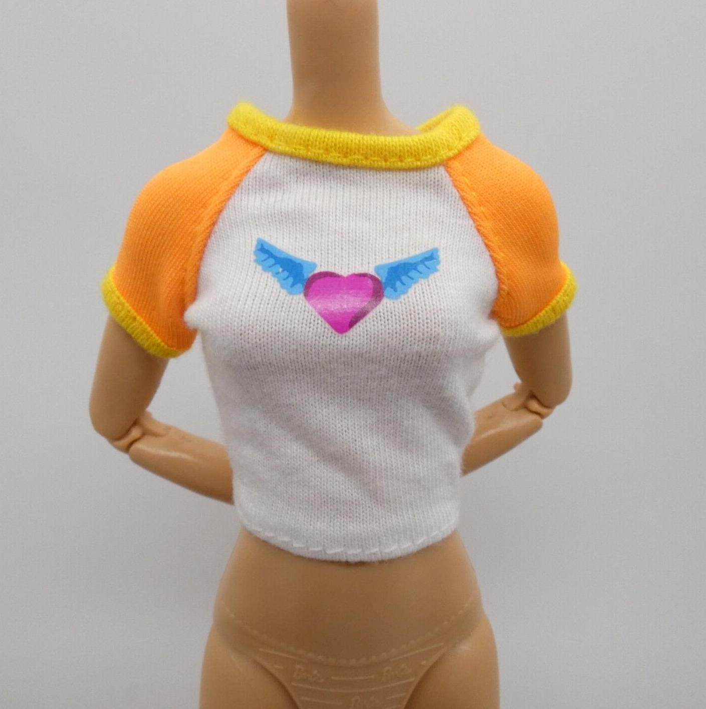 Barbie Doll Size Shirt Top White Orange Sleeves Flying Heart Midriff 90s