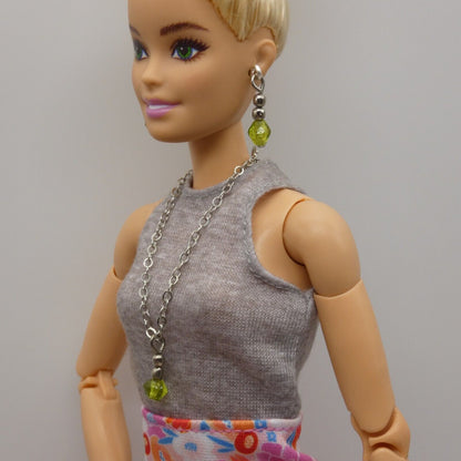 Barbie Doll Size Necklace And Earrings Green Faceted Pendant Silver Chain