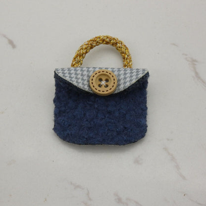 Barbie Doll Size Purse Blue Fleece Houndstooth Button Flap Handbag Accessory B2