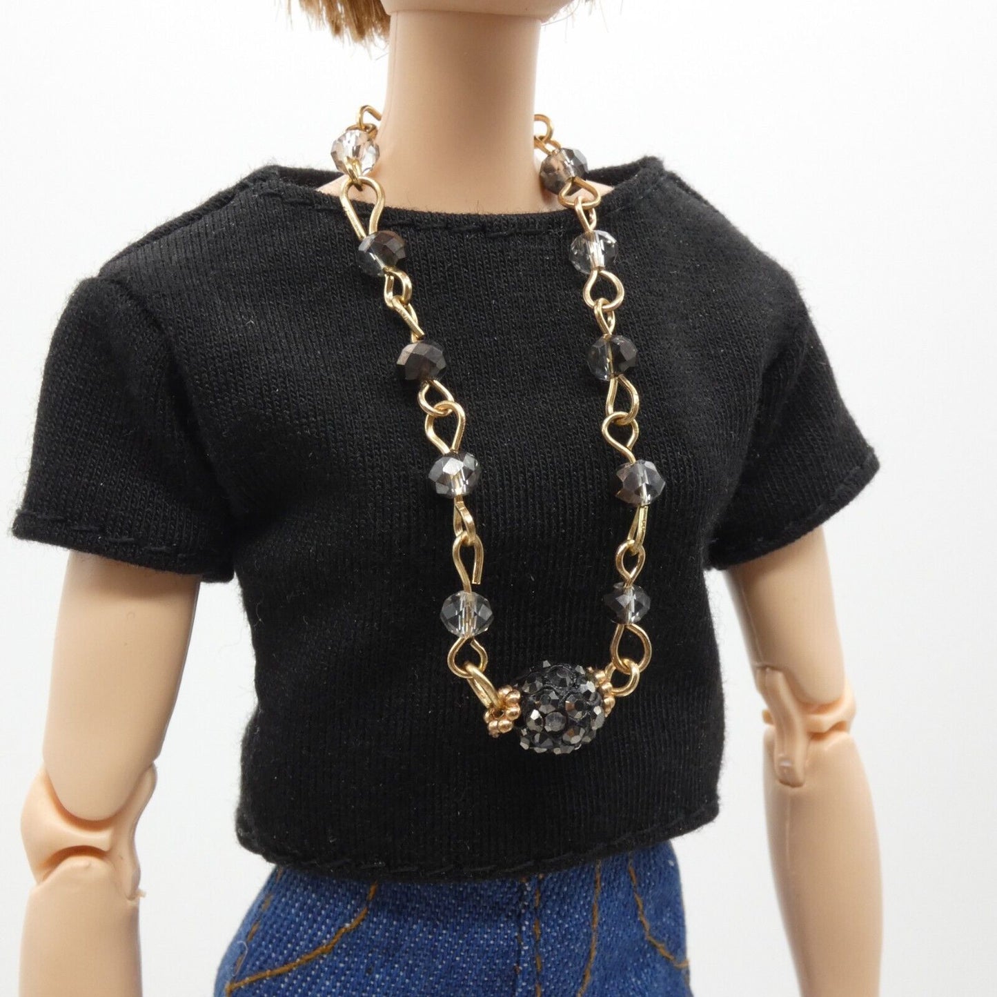 Barbie Doll Size Chain Necklace Black Rhinestone Beaded Pendant Gold Handmade