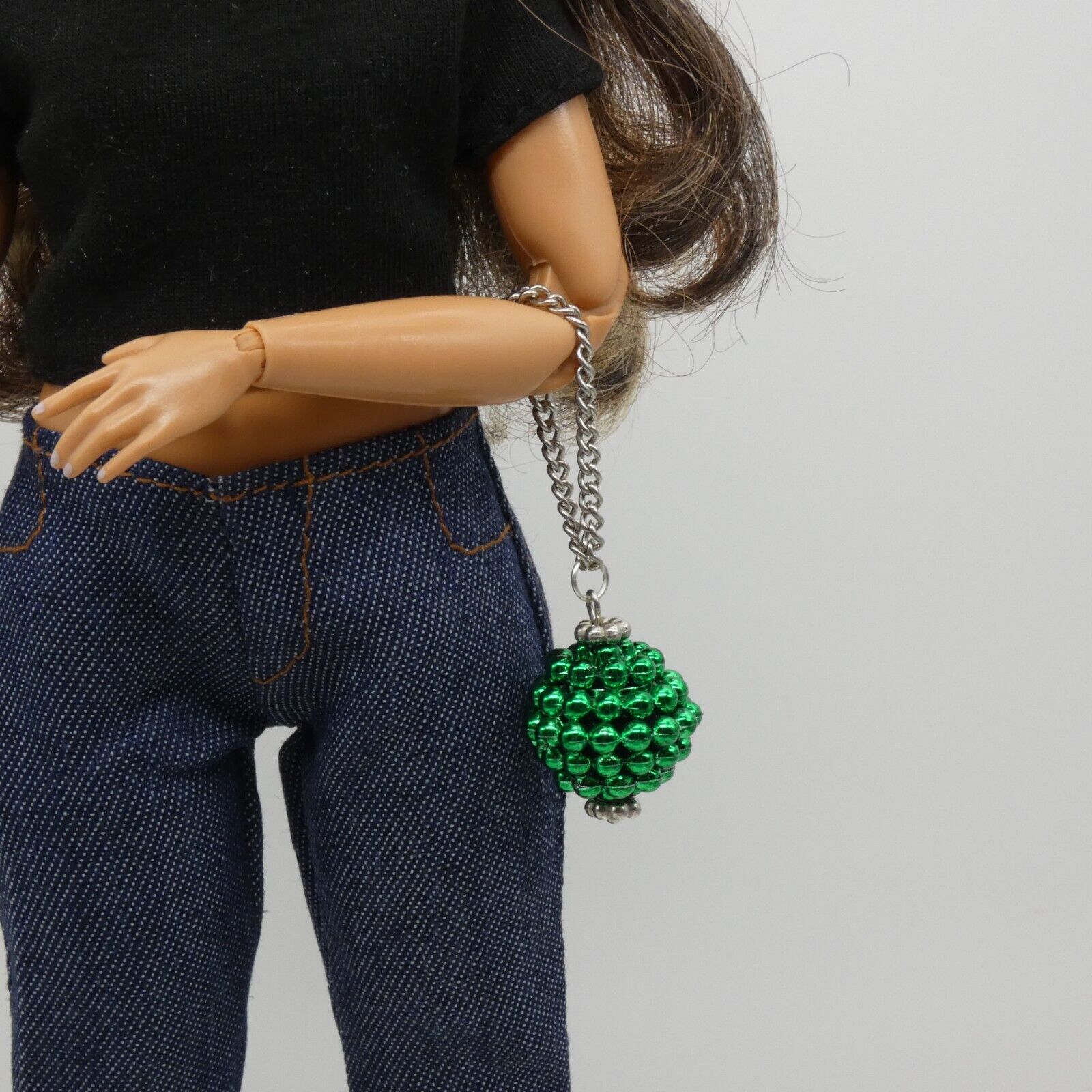 Barbie Doll Purse Handmade Green Ball Silver Chain Strap Handbag Ornament