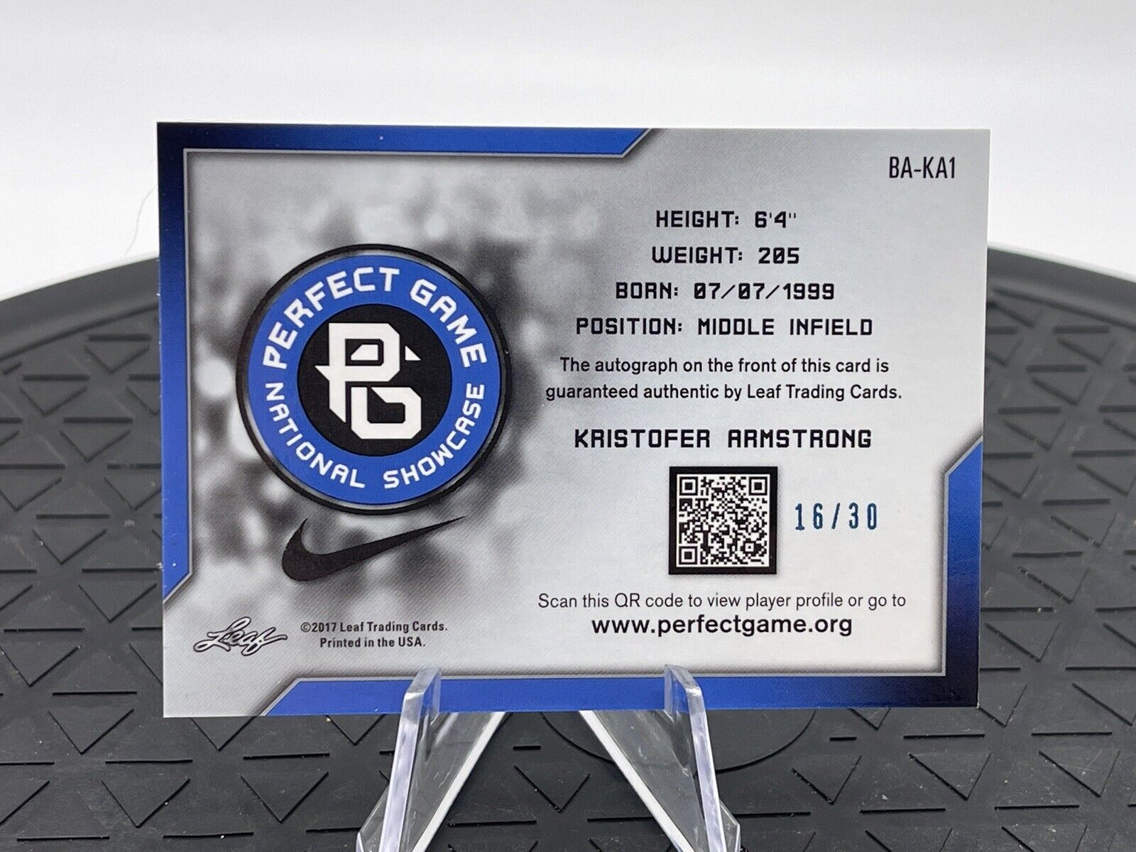 2017 Leaf Perfect Game Kristofer Armstrong Blue Metal Auto 16 / 30 BA-KA1 Swoosh