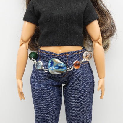 Barbie Curvy Doll Size Silver Chain Belt Beads Earth Tones Blue Shell Handmade