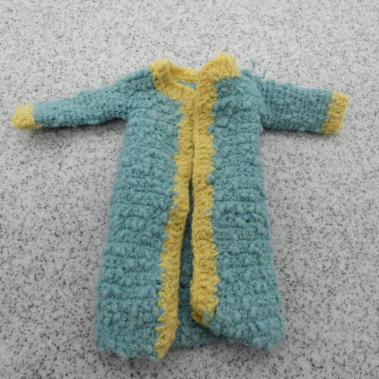 Barbie Doll Size House Coat Night Gown Blue Long Sleeve Crochet Knit Handmade