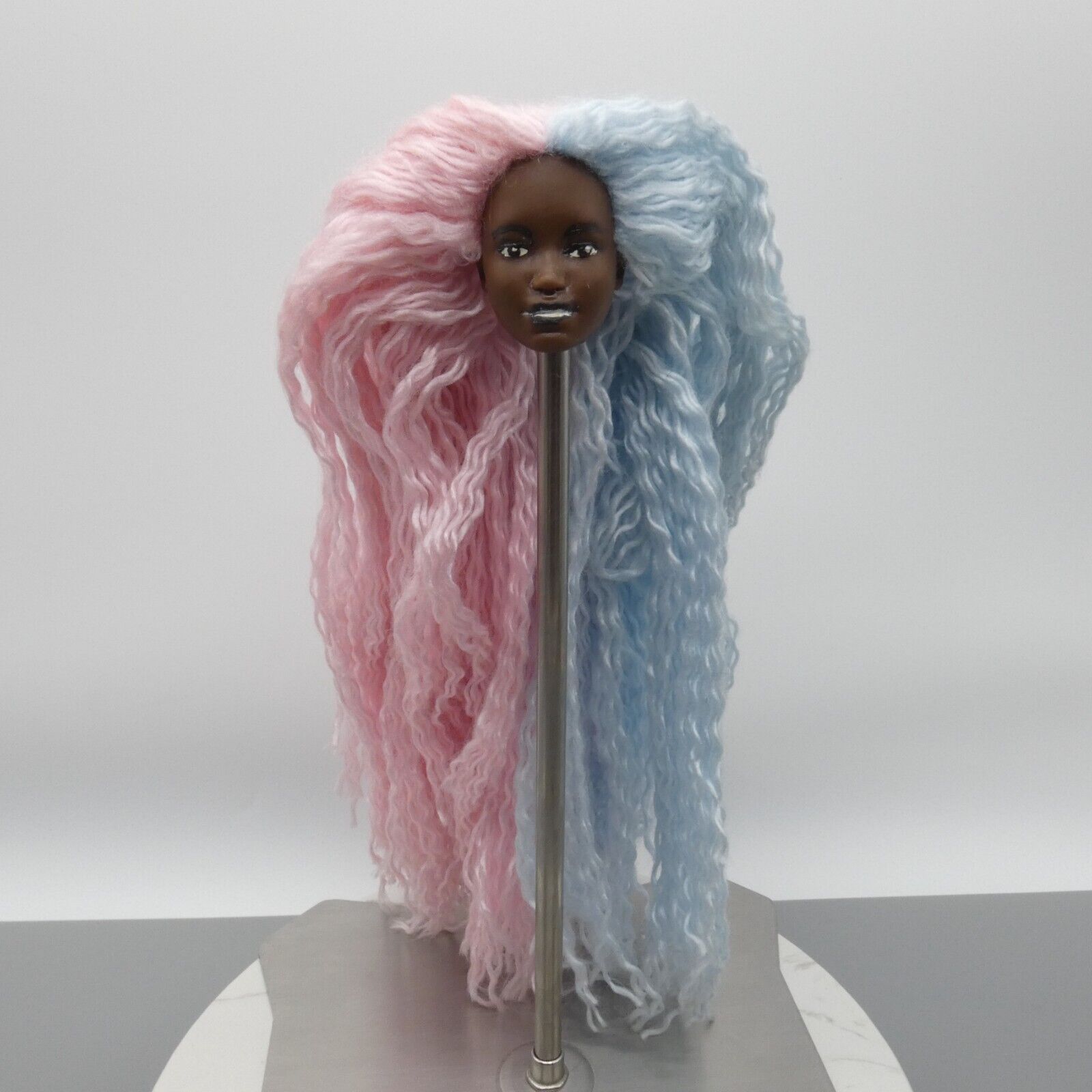 Barbie Custom Doll Head AA Kim Face Rerooted Pink Blue Yarn Hair Dark Skin OOAK