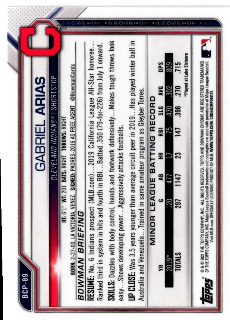 2021 Bowman Chrome Prospects Gabriel Arias Cleveland Indians #BCP-89