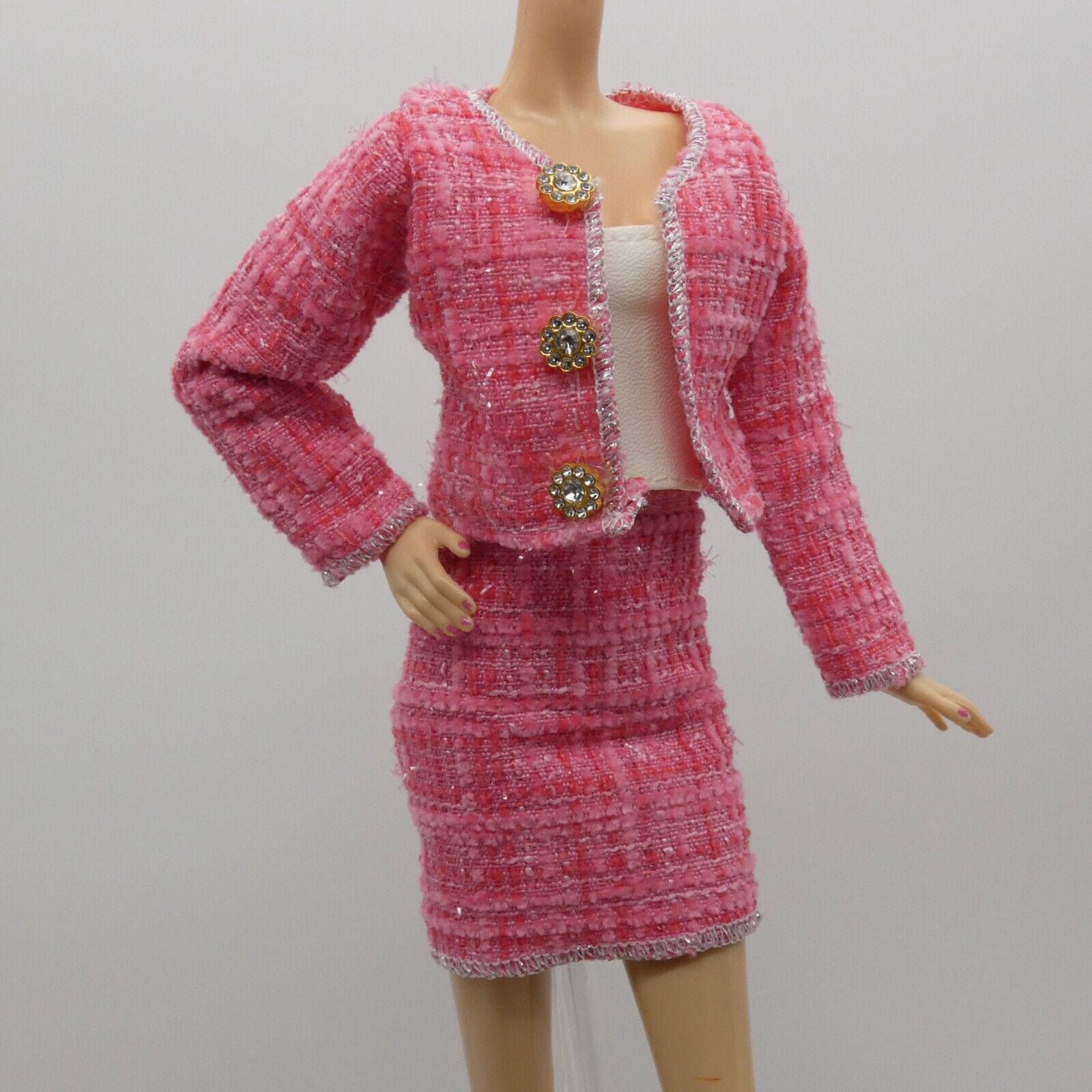 Barbie Doll Size Pink Tweed Suit Jacket Skirt Tube Top Fits Model Muse Xian Xian