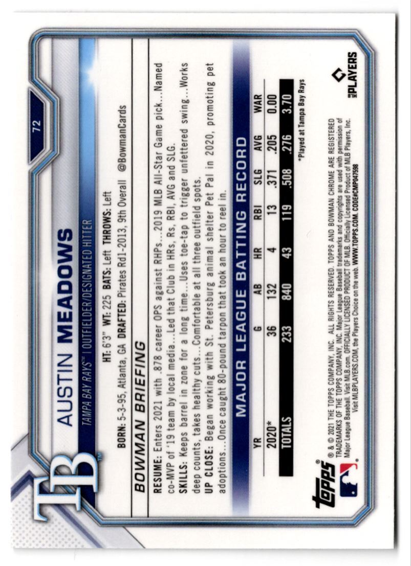 2021 Bowman Chrome Austin Meadows Tampa Bay Rays #72