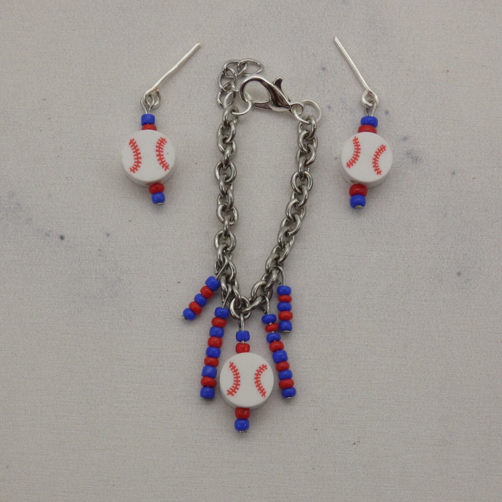 Barbie Doll Size Baseball Earrings And Necklace Blue Red Beads Texas Rangers