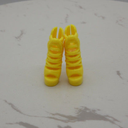 Barbie Doll Size Shoes High Heel Yellow Open Toe Sandals Strappy Lace Up Clone