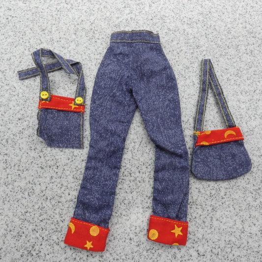 Barbie Doll Pants Blue Jean Denim Like High Waist Red Rolled Cuff Bag Bib Apron