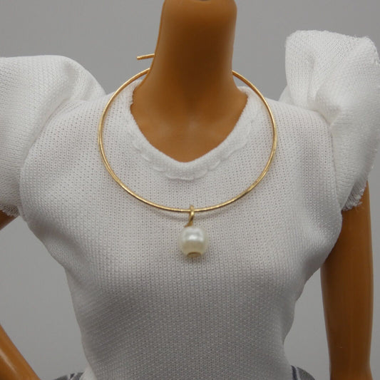 Barbie Doll Size Necklace Choker Gold Tone Band White Faux Pearl Pendant Fashion