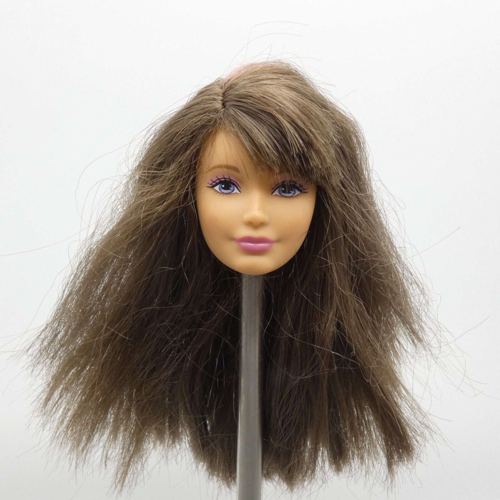 Barbie Skipper Doll Head Brown Hair Pink Highlight Bangs Purple Eyes