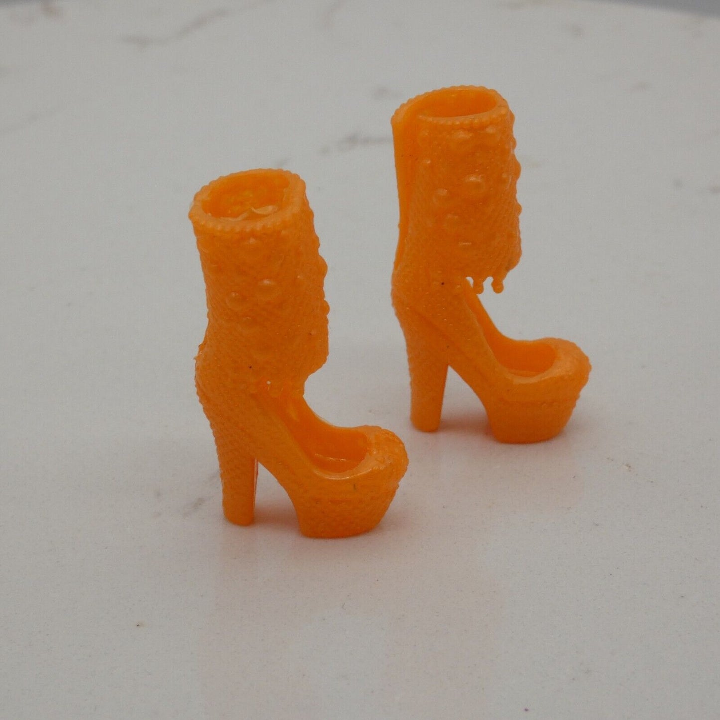 Barbie Doll Size Shoes High Heel Orange Tall Ankle Strap Closed Toe Texture