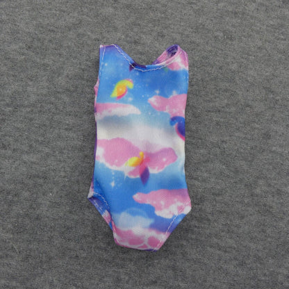 Barbie Doll Size Swimsuit One Piece Blue Pink Clouds Fits Standard Curvy Tall