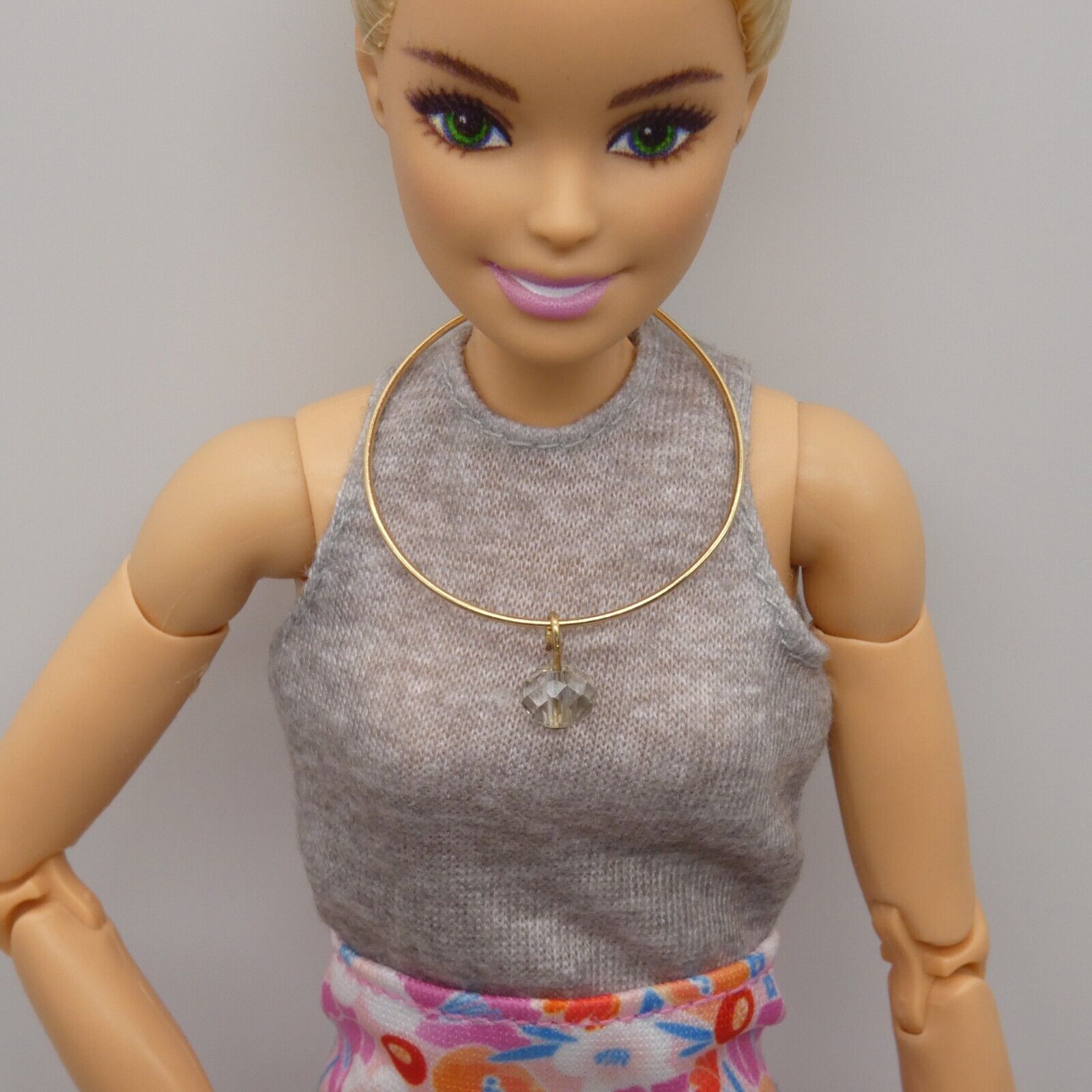 Barbie Doll Size Necklace Choker Gold Tone Band Clear Faceted Rhinestone Pendant