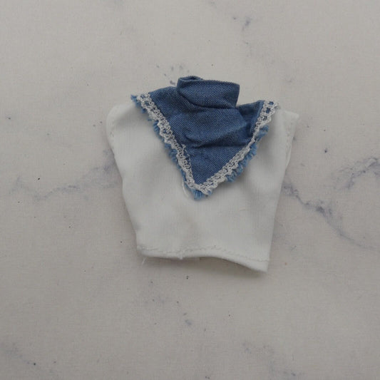 Barbie Doll Size Top White Short Sleeve Blouse Denim Like Bandana Style Collar