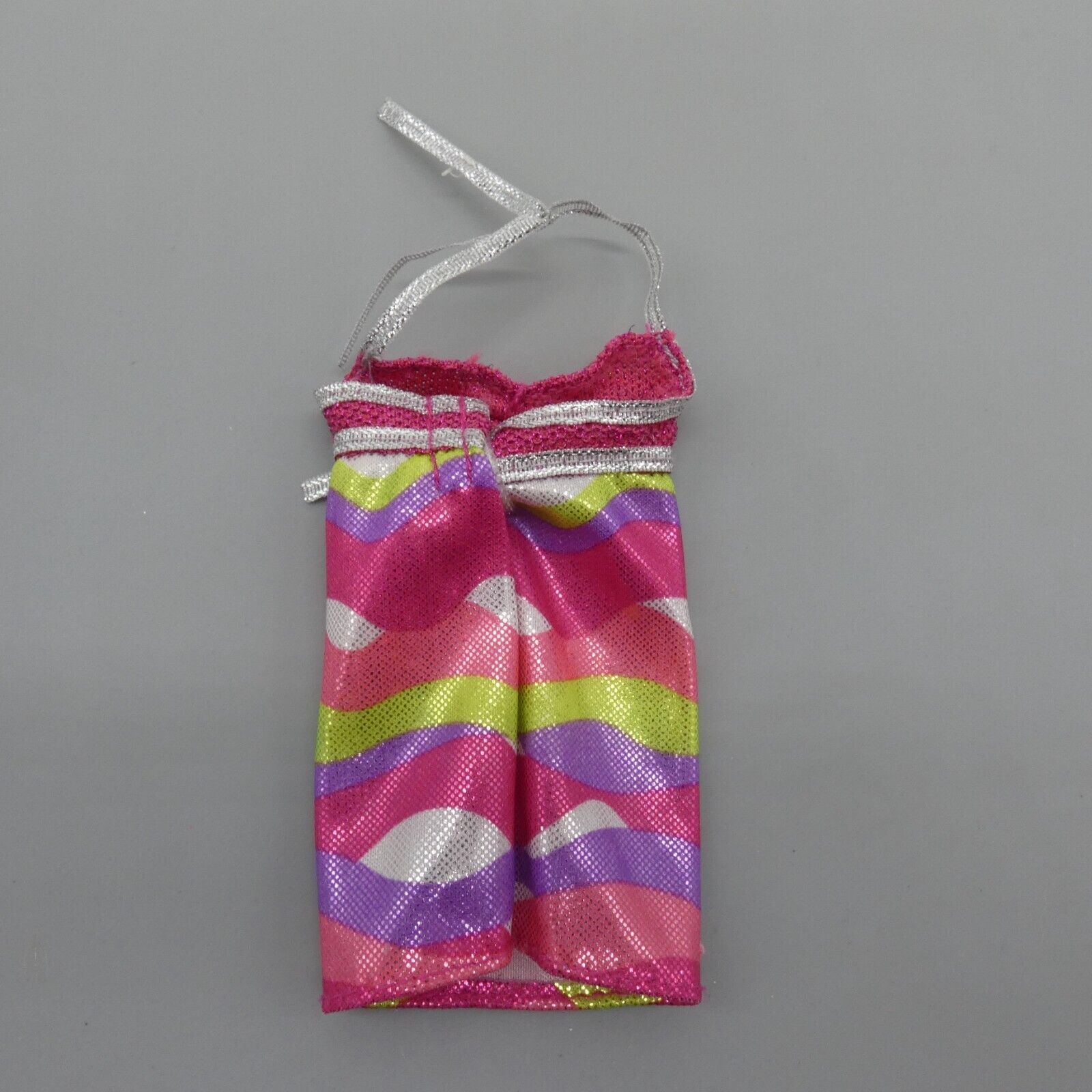 Barbie Doll Size Fashion Dress Pink Multicolor Wavy Halter Top Silver Ribbon