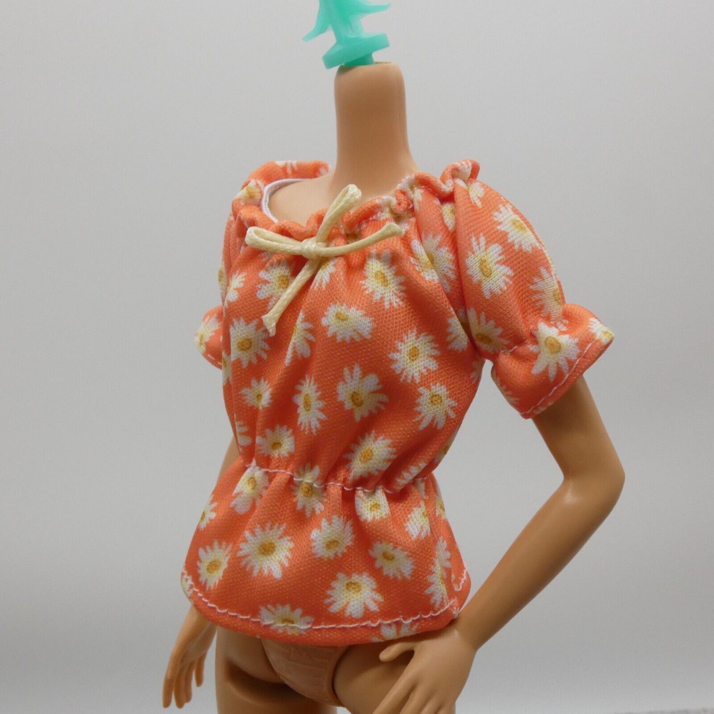 For Barbie Size Doll Peach Top Shirt Daisies Floral Bow Boat Neck Short Sleeve