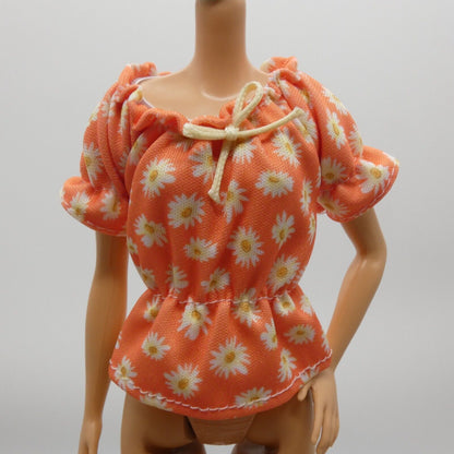 For Barbie Size Doll Peach Top Shirt Daisies Floral Bow Boat Neck Short Sleeve