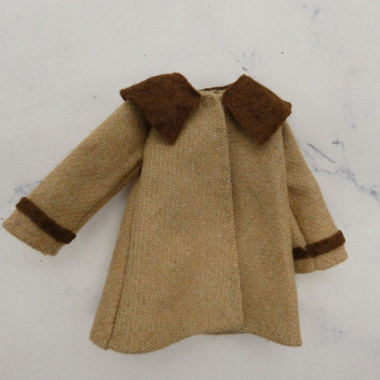 Barbie Doll Size Coat Jacket Tan Brown Beige Tweed Long Sleeve Wide Collar Felt