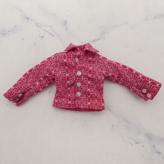 Barbie Doll Size Shirt Top Red Blouse Collar 3/4 Long Sleeve Button Up Flawed