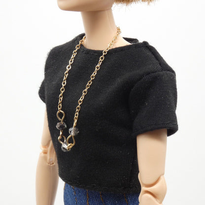 Barbie Doll Size Long Gold Tone Chain Necklace Black White Rhinestone Handmade