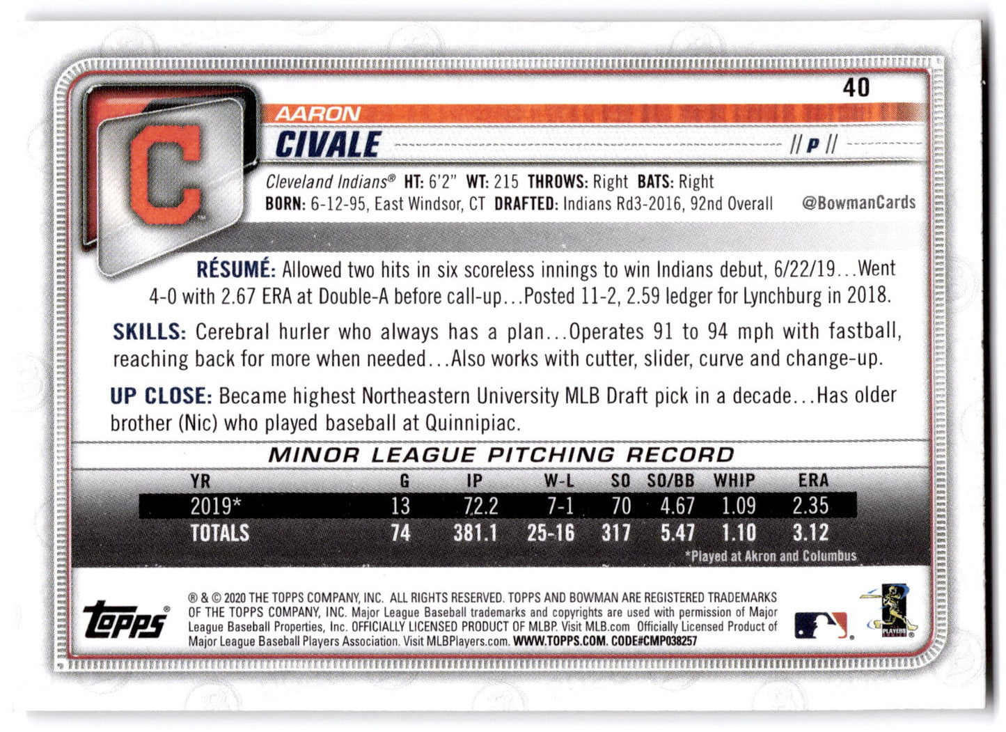 2020 Bowman #40 Aaron Civale NRMT