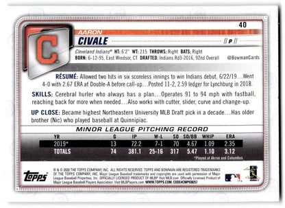 2020 Bowman #40 Aaron Civale NRMT