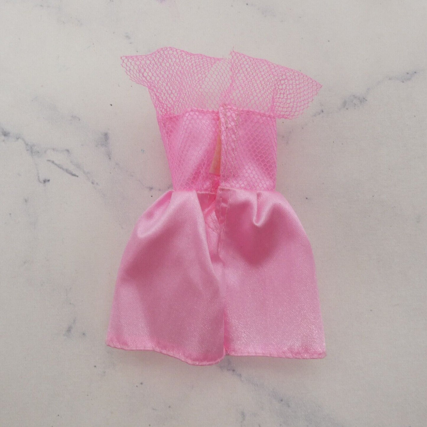 Barbie Doll Size Mini Dress Pink Satiny Sleeveless Tulle Shoulders Rose Ribbon