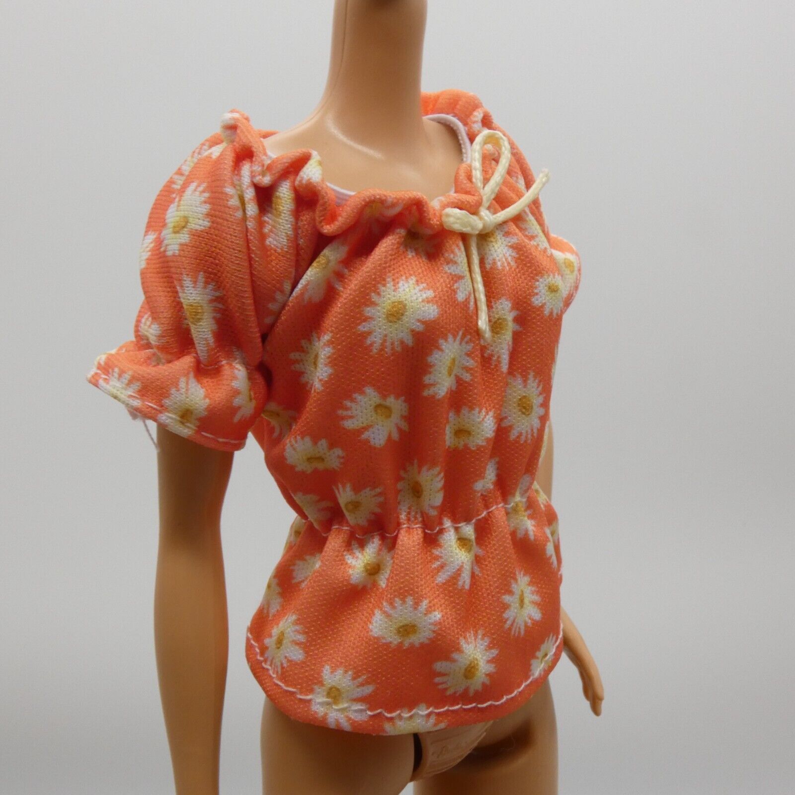 For Barbie Size Doll Peach Top Shirt Daisies Floral Bow Boat Neck Short Sleeve