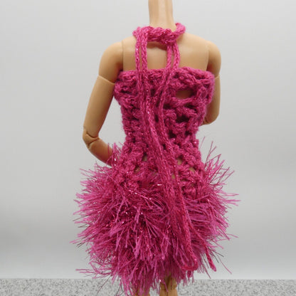 Barbie Doll Size Dress Pink Knit Yarn Fringe Sleeveless Halter Cocktail Homemade