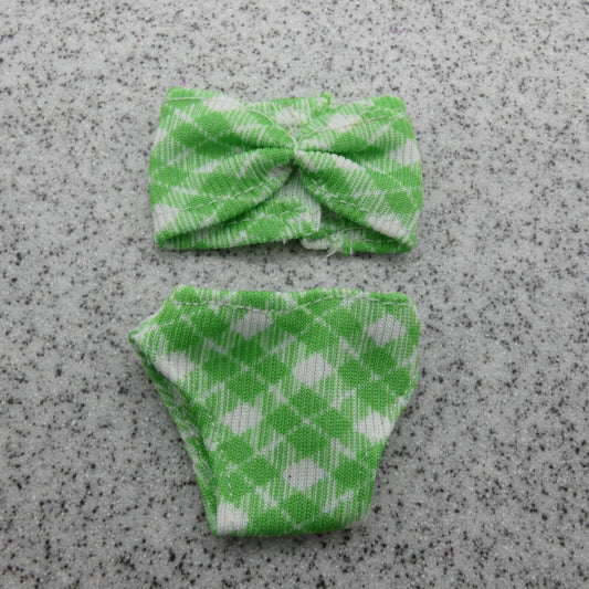 Barbie Doll Size Bikini Swimsuit Two Piece Green White Gingham Plaid Clone