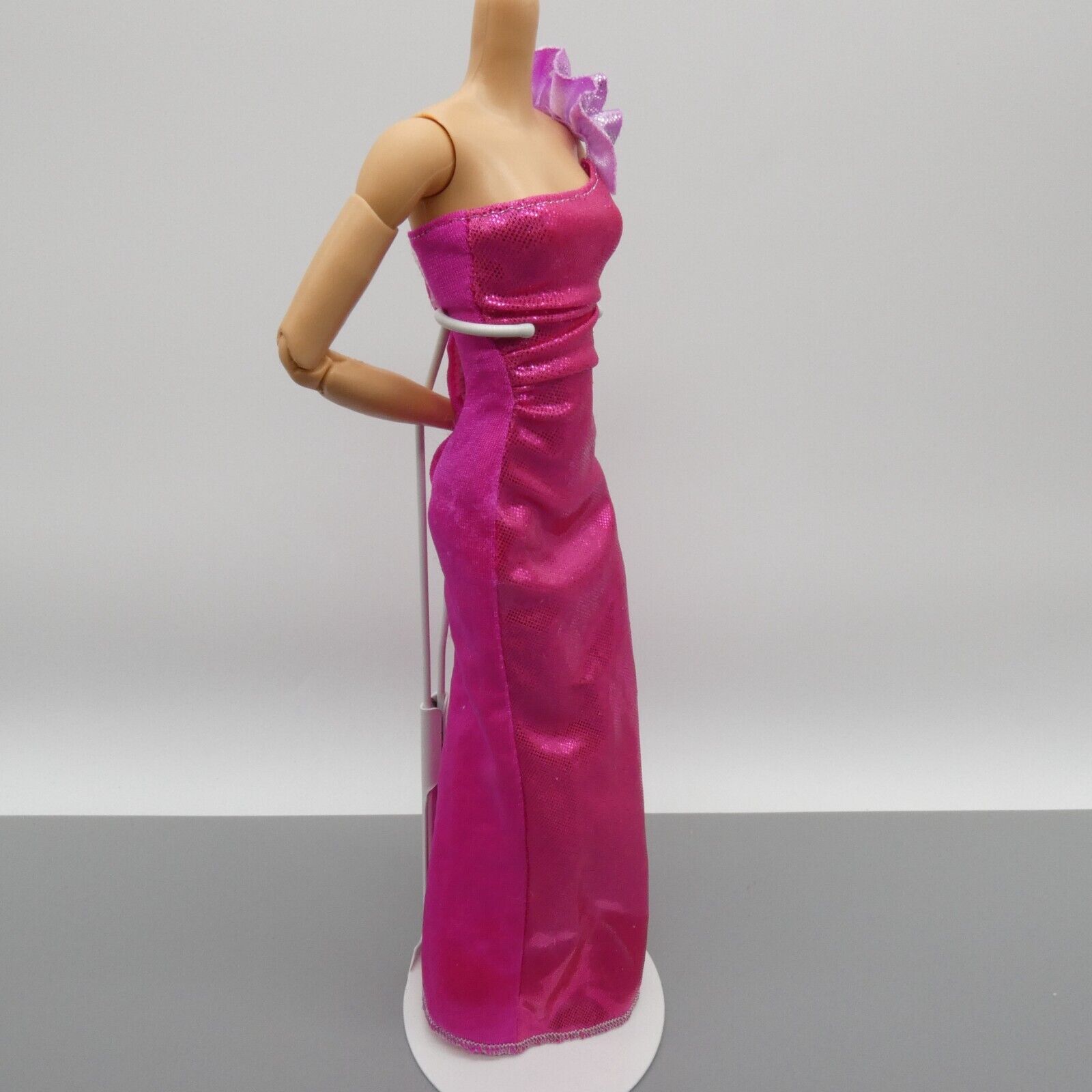 Barbie Doll Dress Pink Metallic Magenta Maxi Gown One Shoulder Ruffle Strap