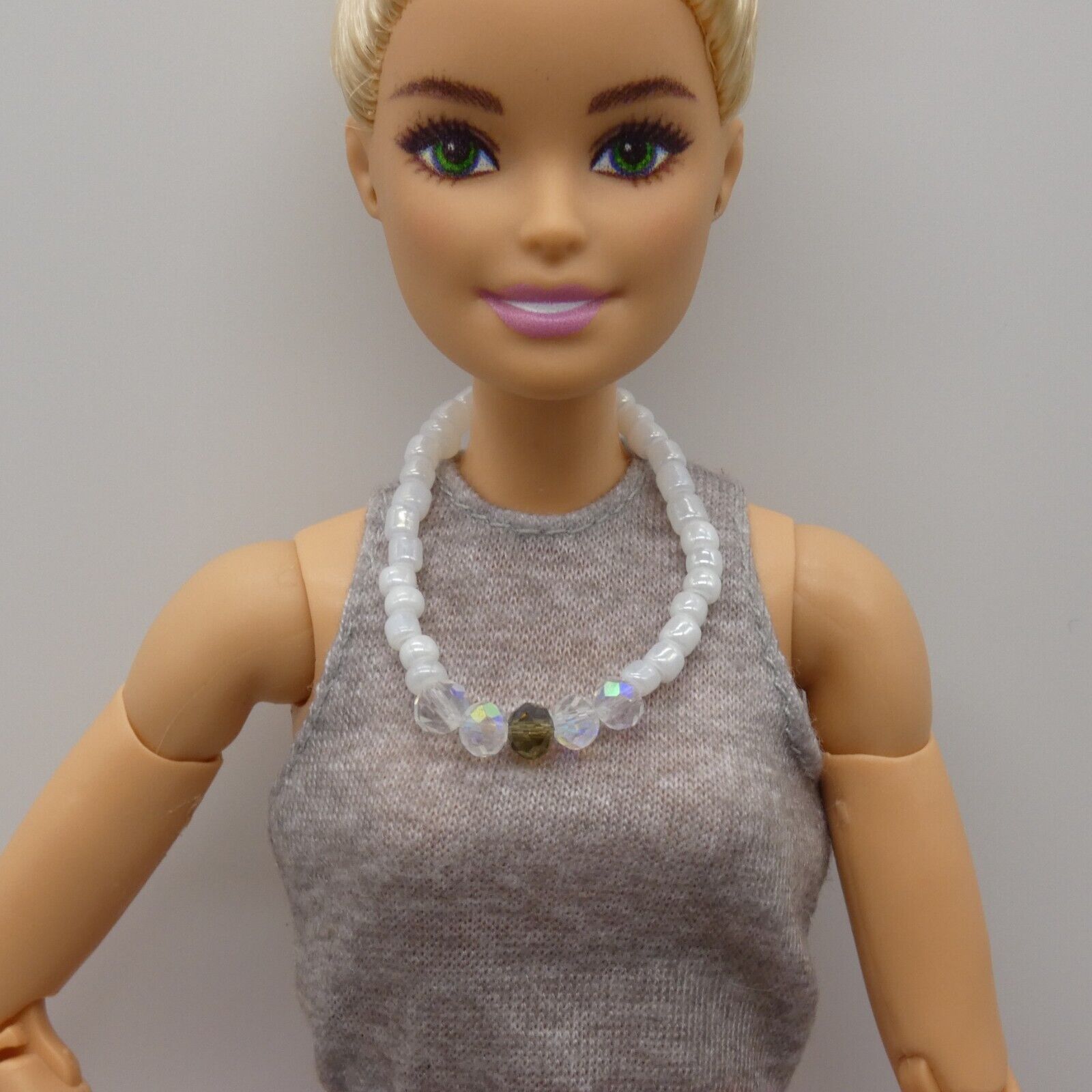 Barbie Doll Size White Aurora Borealis Beaded Necklace Choker Stretch Classy