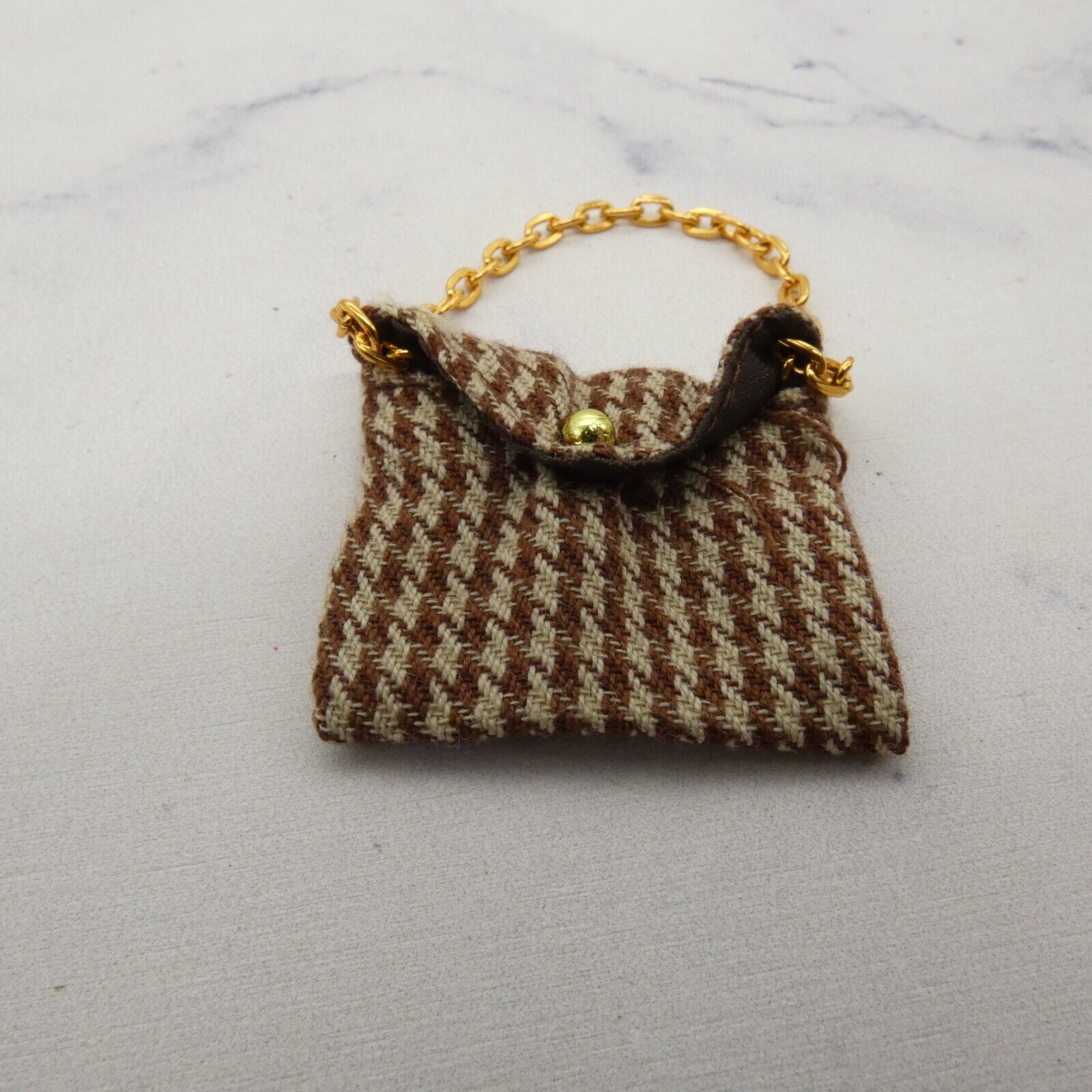 Barbie Doll Size Purse Brown Beige Houndstooth Fabric Handbag Gold Tone Chain